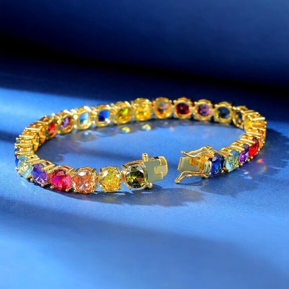 Colored Cubic Zirconia Tennis Bracelet Women 6MM Gold Plated Elegant Jewelry - Picture 3 of 5